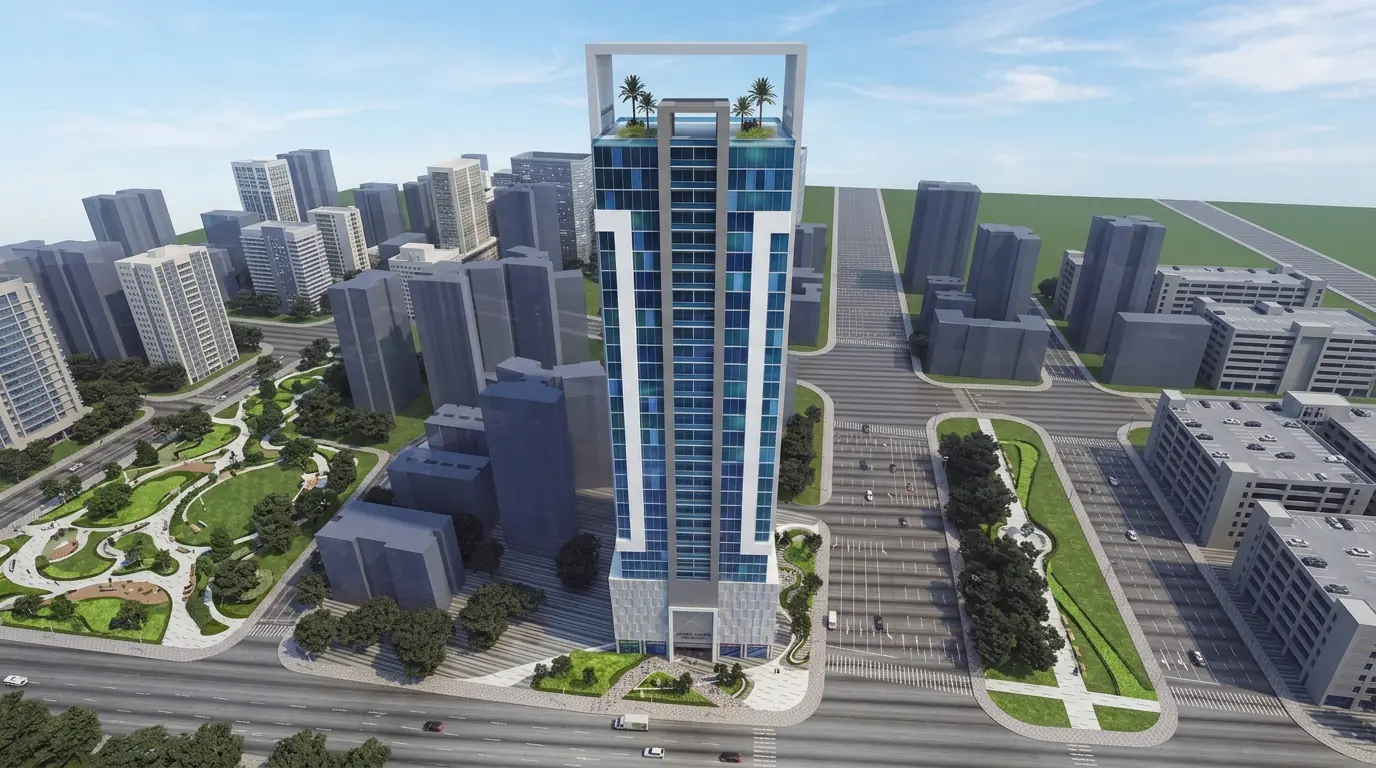Aerial render of Azora Tower and its surroundings