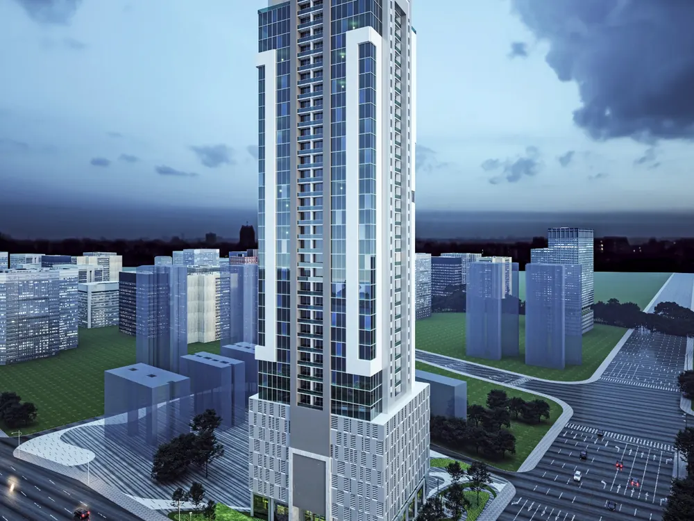 Render of Azora Tower and its podium at dusk