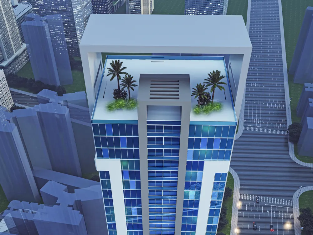 Aerial render of the Azora Tower rooftop with its landscaped terrace