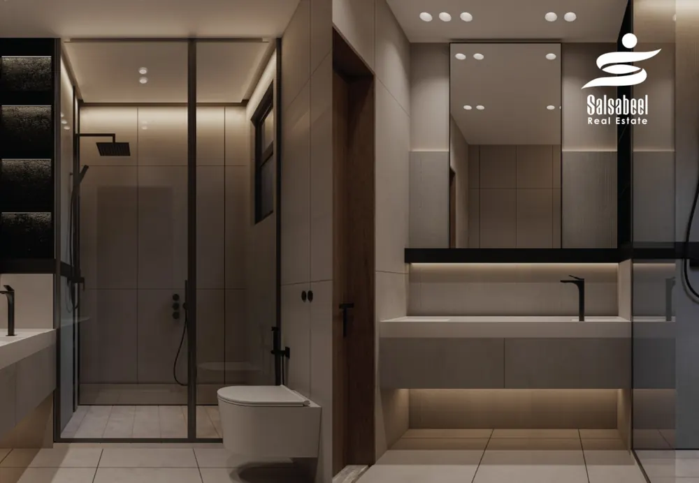 Illustrative interior render of a bathroom with a walk-in shower