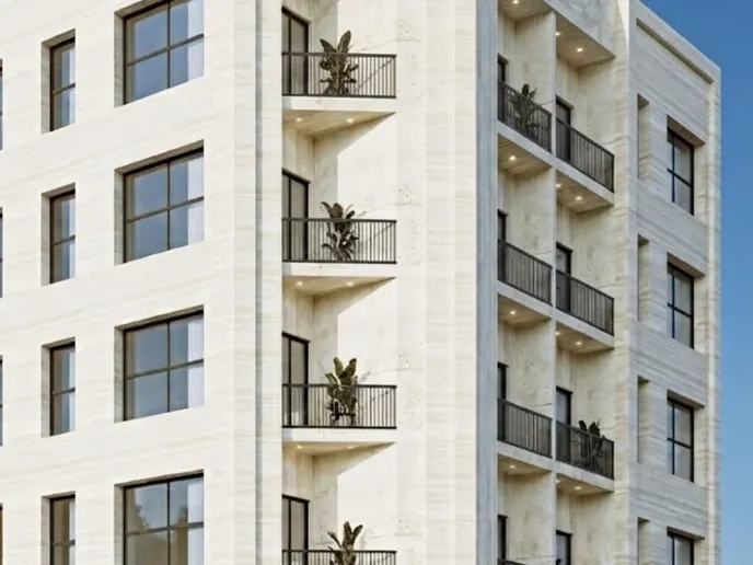 Render detail of the Enjaz Salsabeel corner facade with stacked balconies