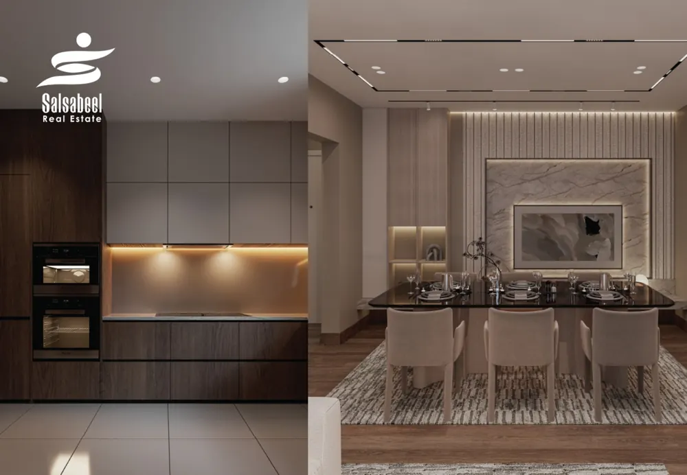 Illustrative interior render of a kitchen and dining area