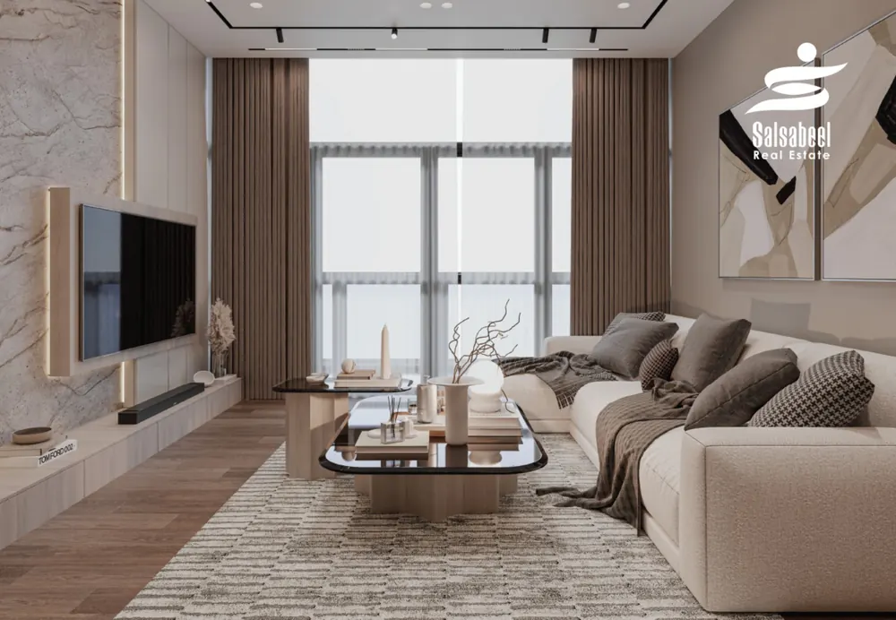 Illustrative interior render of a living room with floor-to-ceiling windows