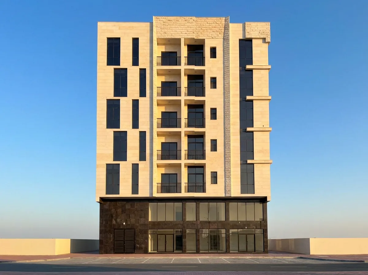 Render of Reem Al Salsabeel in Al Alia, front elevation with ground-floor shops