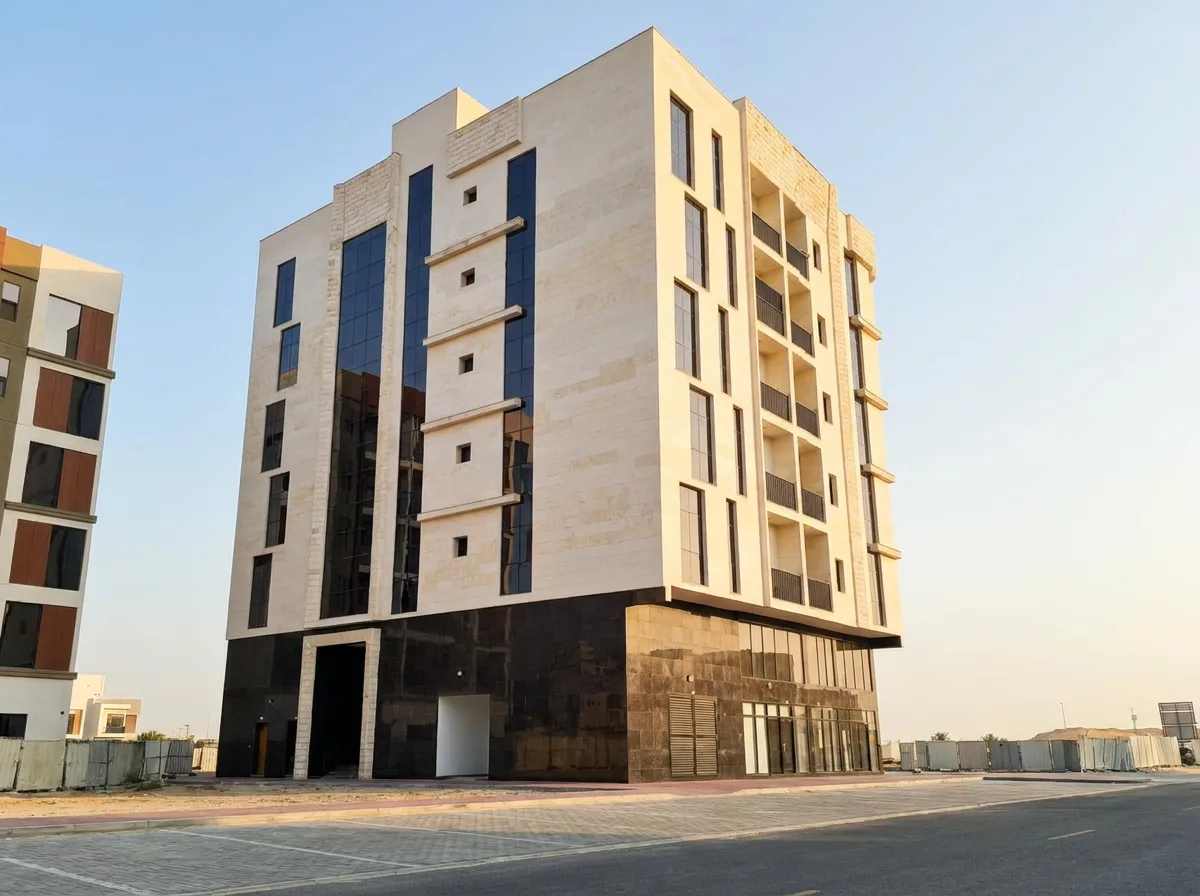 Street-level render of Reem Al Salsabeel looking up at the facade