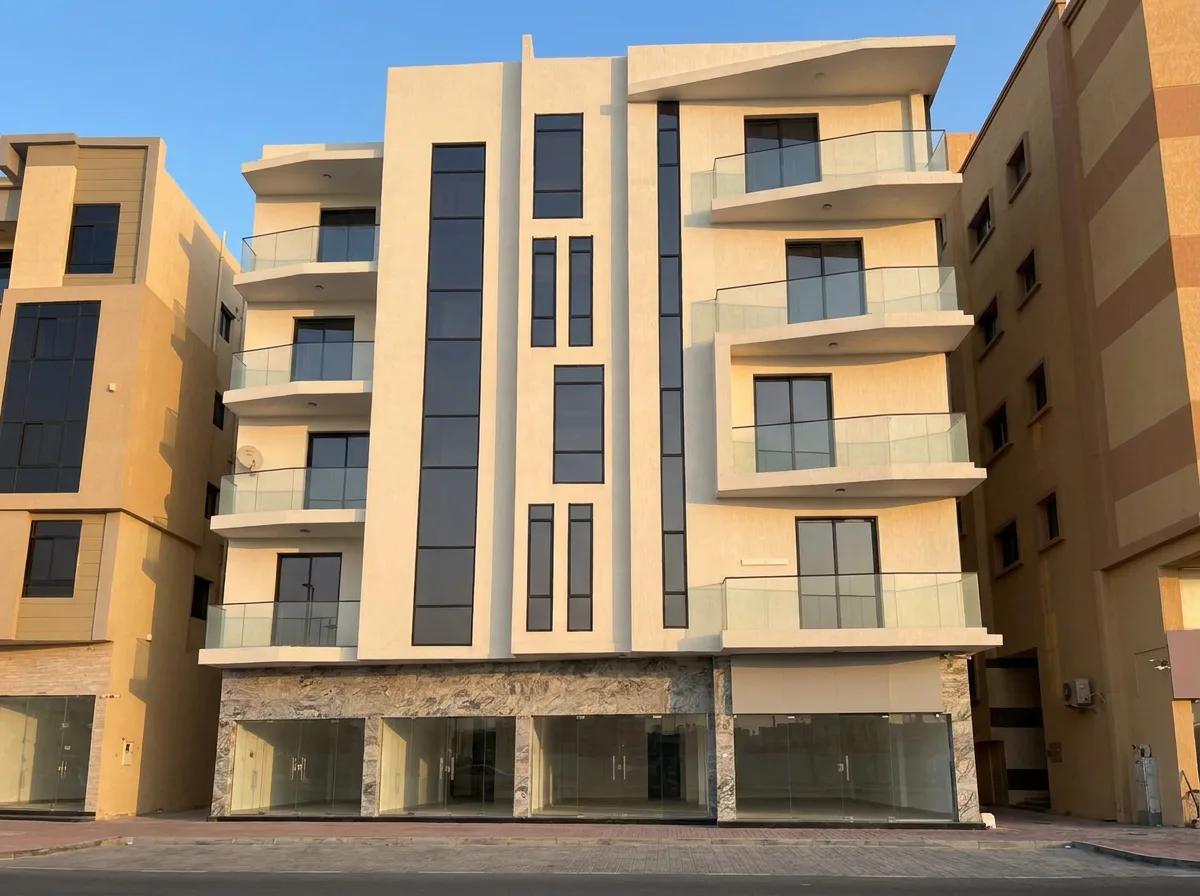 Render of Salsabeel 5 in Al Alia, front elevation with ground-floor shops