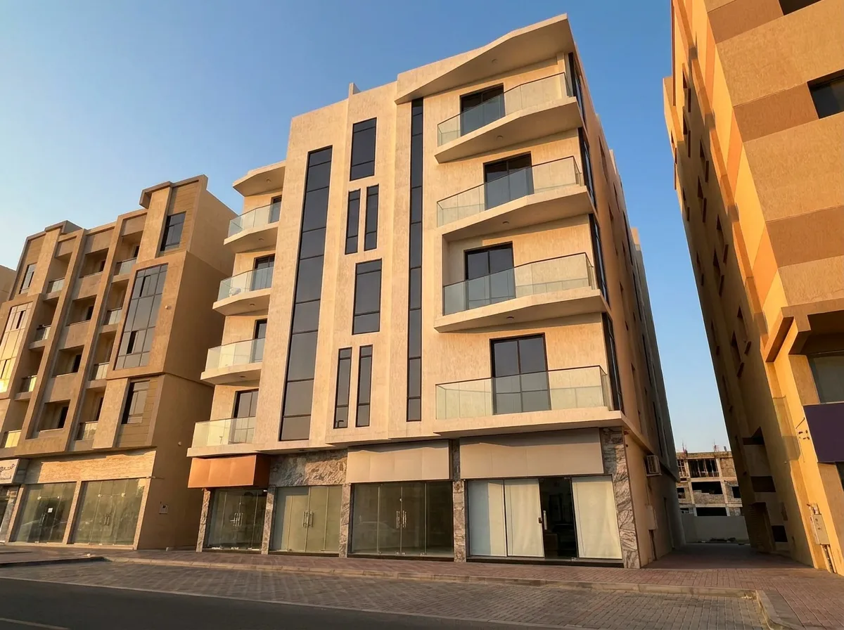 Street-level render of Salsabeel 5 looking up at the facade