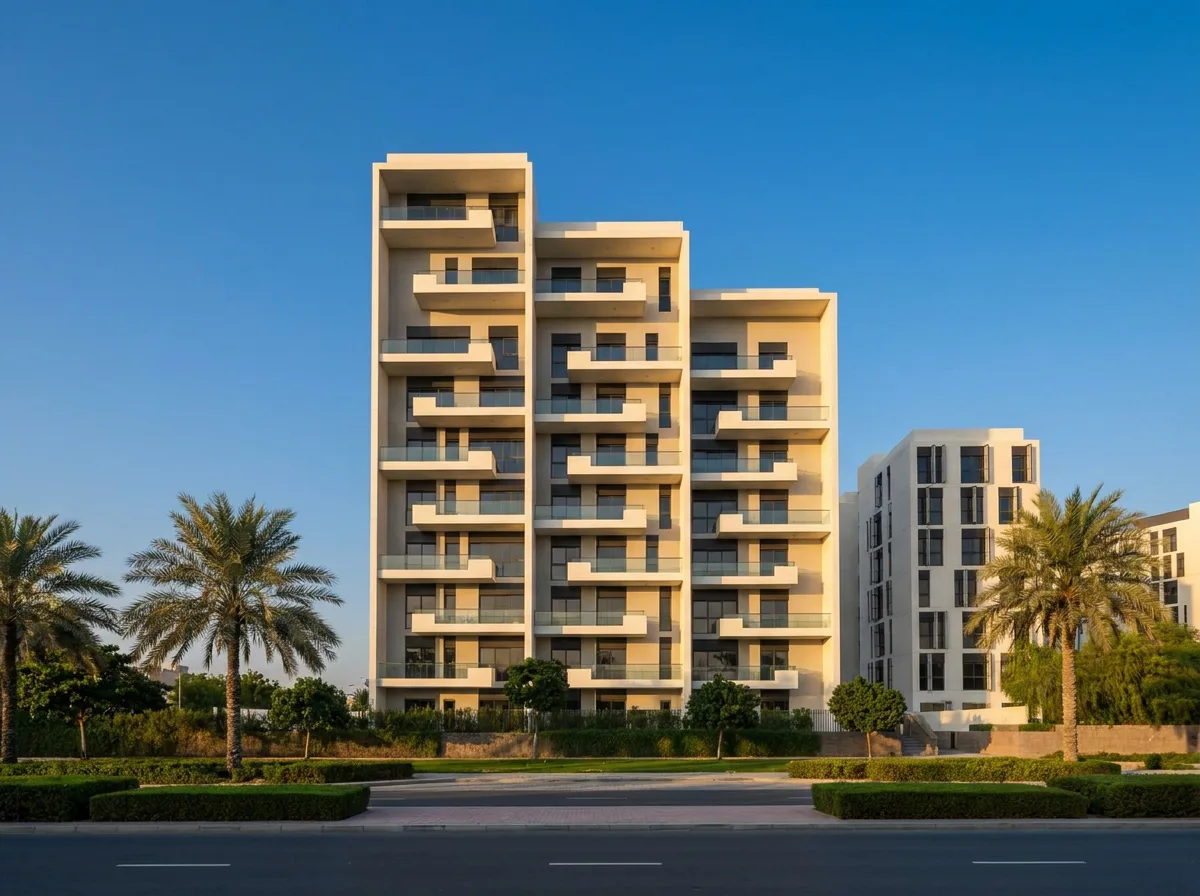 Render of Salsabeel Golf View in Al Zorah, front elevation at golden hour