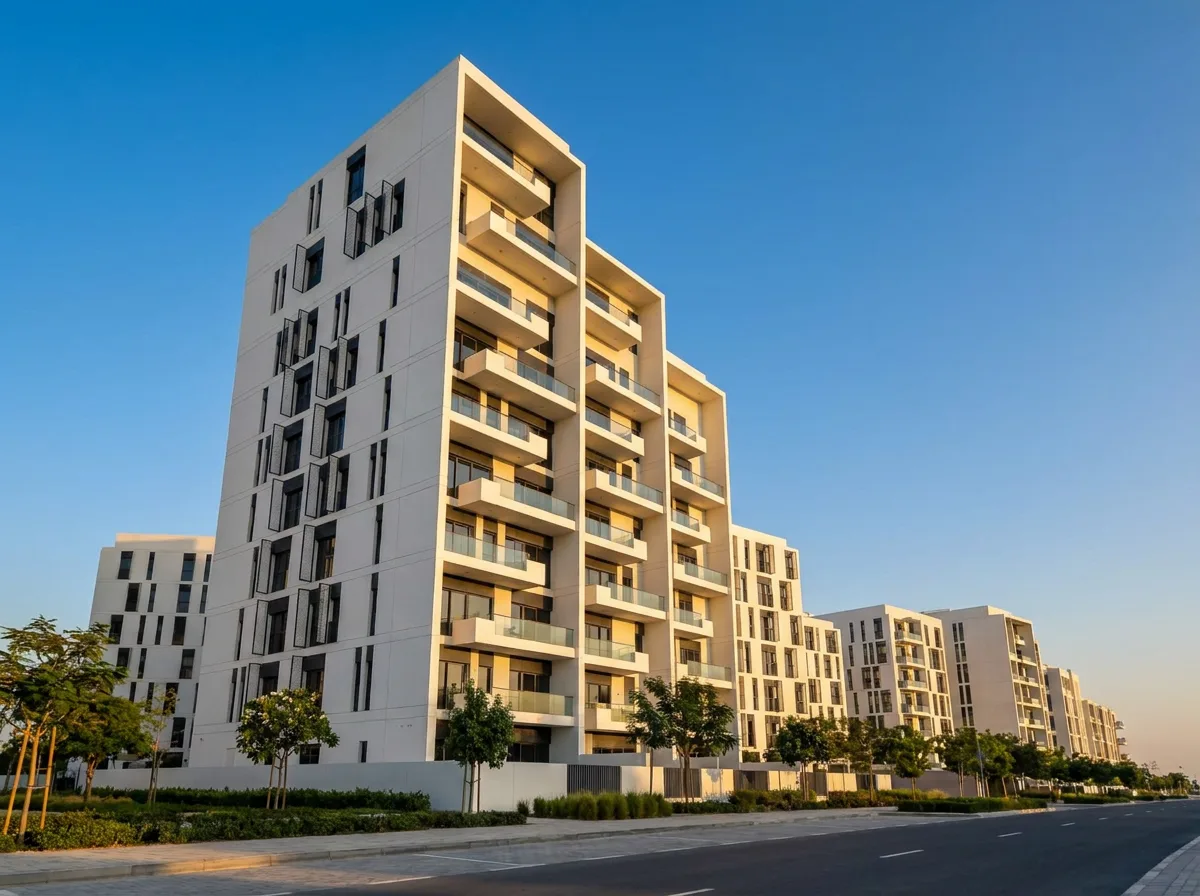 Street-level render of Salsabeel Golf View looking up at the facade
