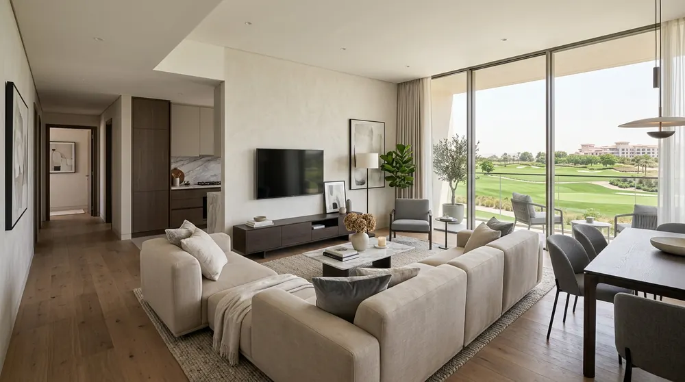 Illustrative interior render of a one-bedroom living room opening onto a balcony with a golf view