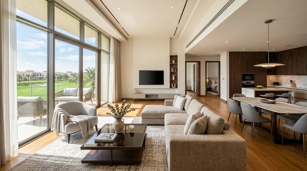 Illustrative interior render of a two-bedroom living and dining area