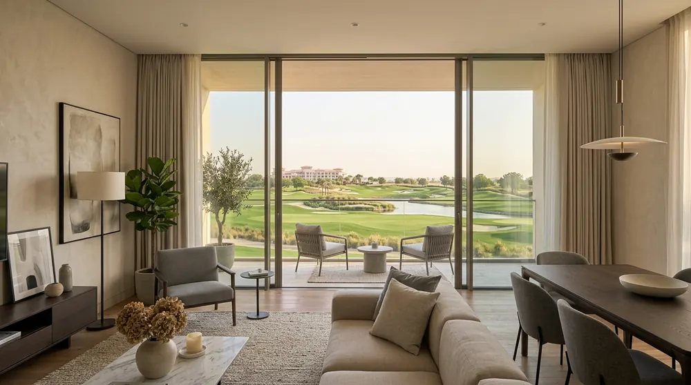 Illustrative render of the view from a living room through the balcony to the golf course