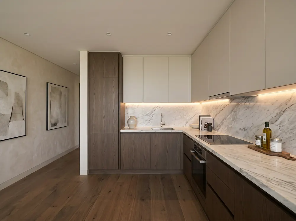 Illustrative interior render of a fitted kitchen