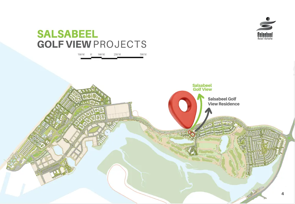 Brochure map of Al Zorah marking Salsabeel Golf View and Salsabeel Golf View Residence beside the golf course