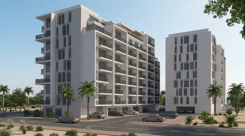 Render of Salsabeel Golf View Residence from the side, showing both eight-floor buildings