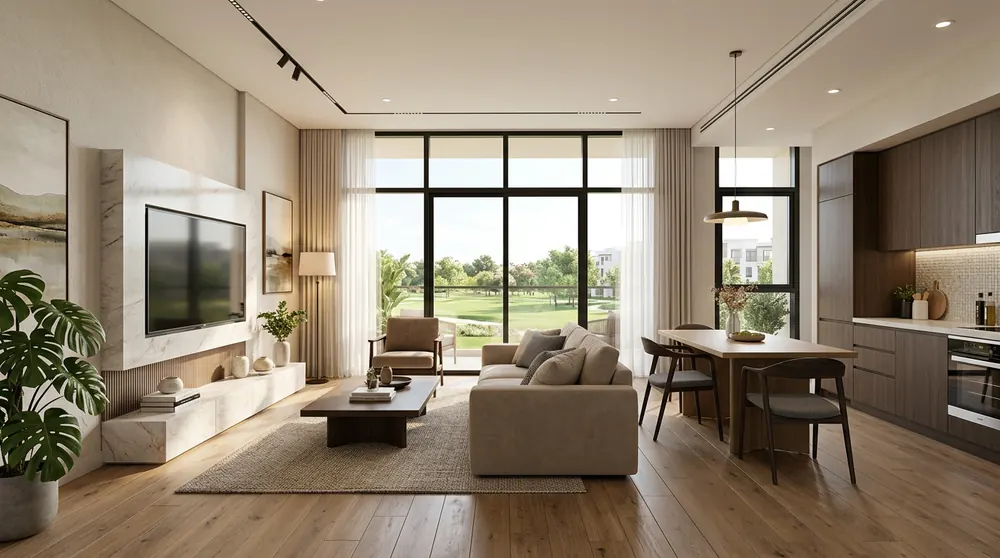 Illustrative interior render of a studio living area with a golf view